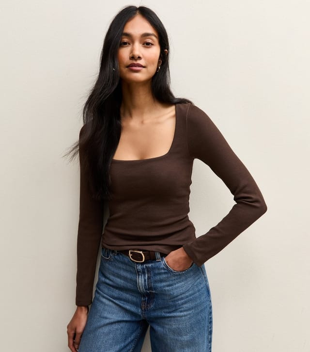 New Look Women's Premium Dark Brown Heavyweight Cotton Square Neck Top New Look - 2