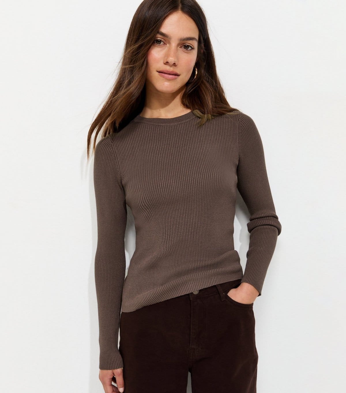 Women's Petite Dark Mink Ribbed Lightweight Crew Neck Jumper New Look