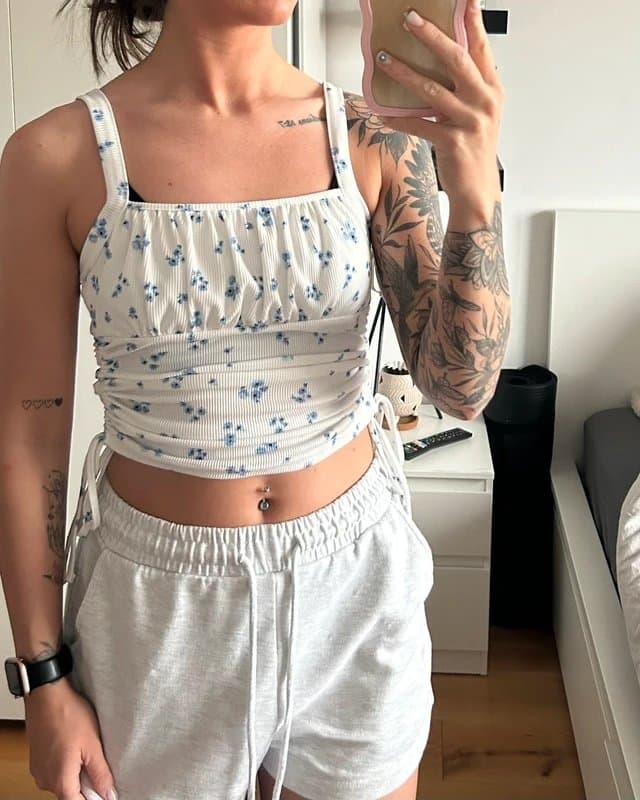 New Look New Look White Blue Flower Ruched Tie Side Crop Top