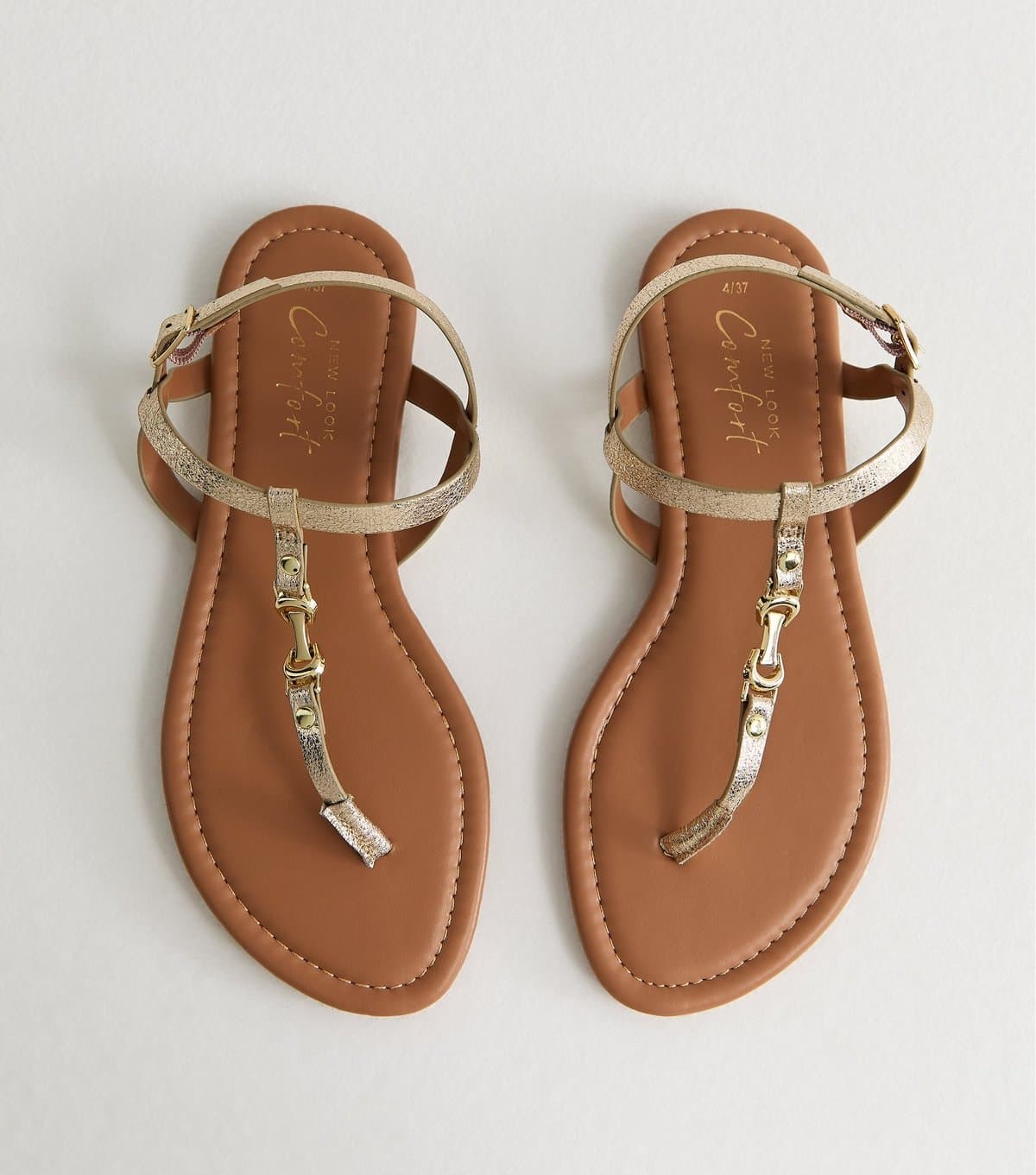 New Look Women's Gold Faux Leather Metal Toe Post Sandals Vegan New Look