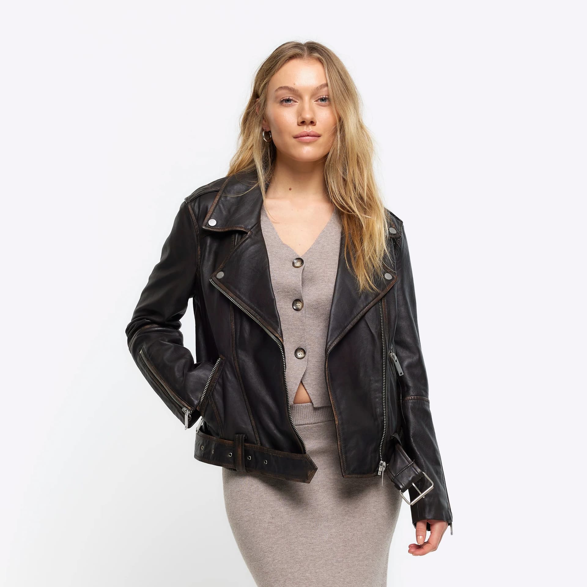 River Island River Island Womens Petite Brown Leather Oversized Biker Jacket