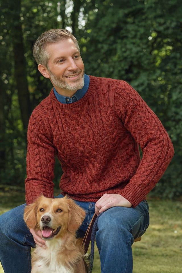 WoolOvers WoolOvers Men's Pure Wool Aran Sweater in Dark Red - 2