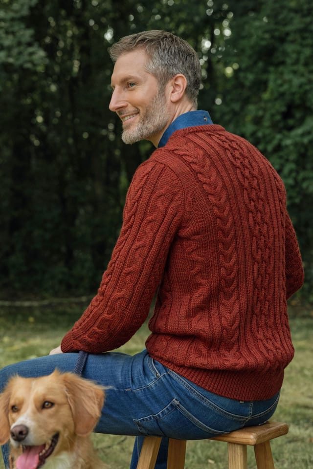 WoolOvers WoolOvers Men's Pure Wool Aran Sweater in Dark Red - 3