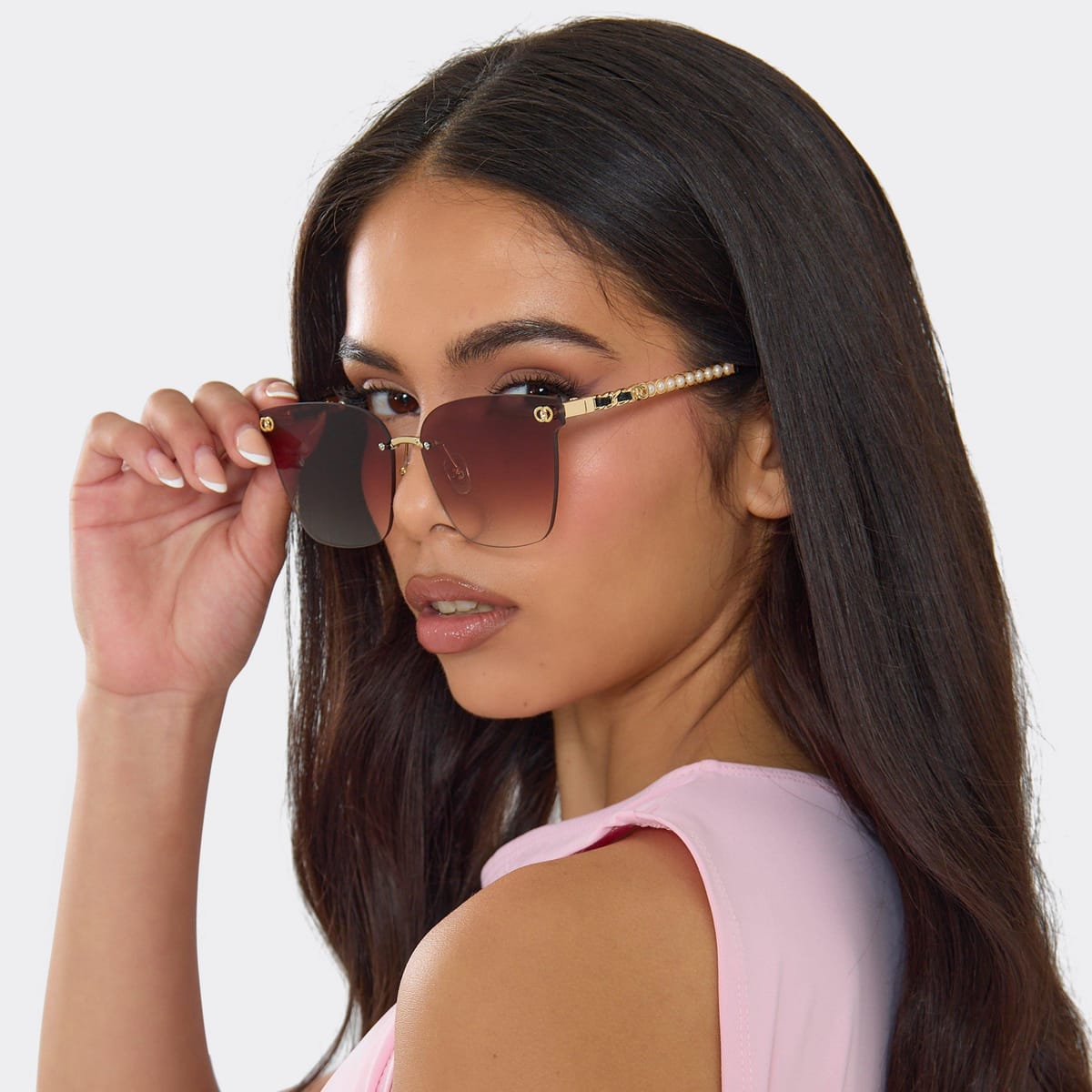 EGO Oversized Pearl Detail Frameless Sunglasses In Gold And Brown, Women's Size UK 0 - 1