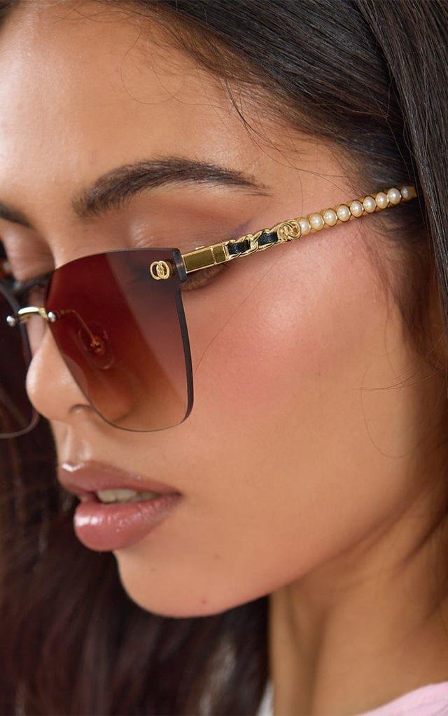 EGO Oversized Pearl Detail Frameless Sunglasses In Gold And Brown, Women's Size UK 0 - 2