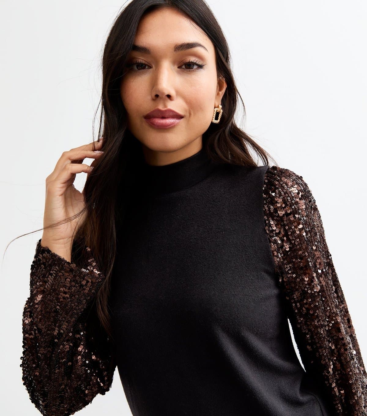 New Look Women's Bronze Sequin Sleeve Knitted Top New Look