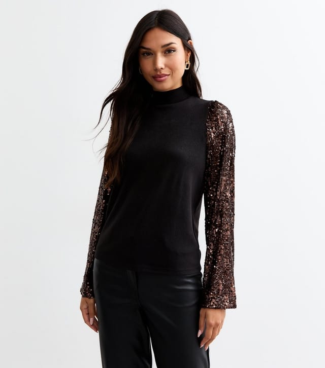 New Look Women's Bronze Sequin Sleeve Knitted Top New Look - 2
