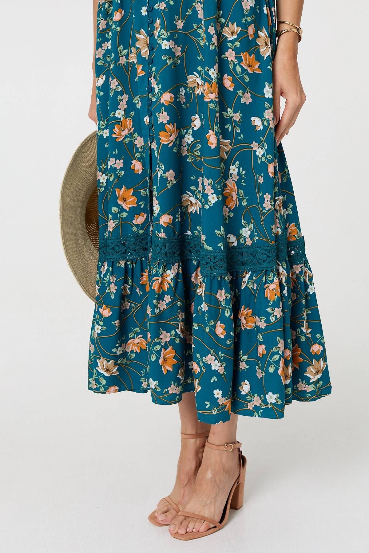 Izabel London Izabel London Women's Floral Cap Sleeve Lace Trim Maxi Dress in Green - 2