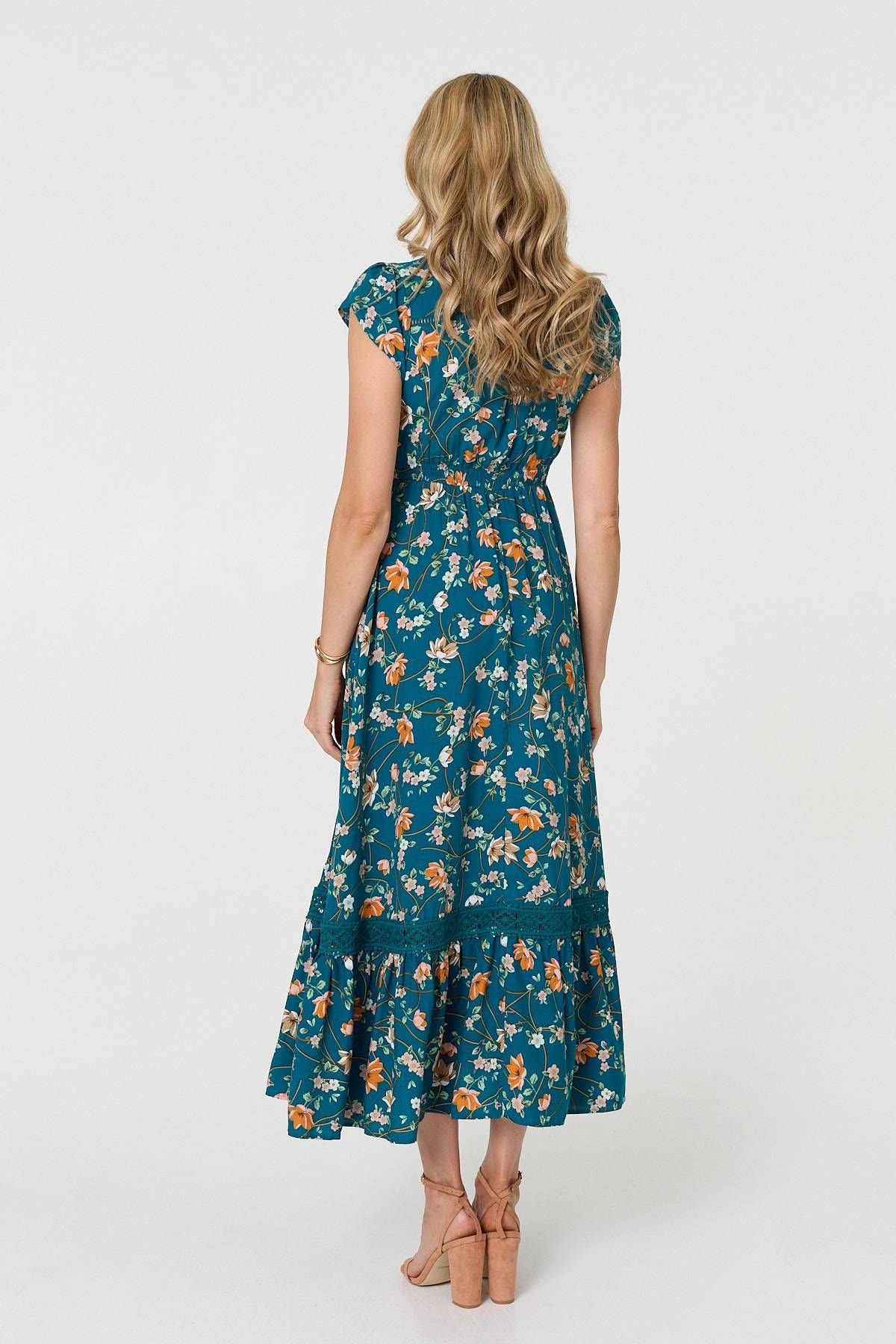 Izabel London Izabel London Women's Floral Cap Sleeve Lace Trim Maxi Dress in Green - 3