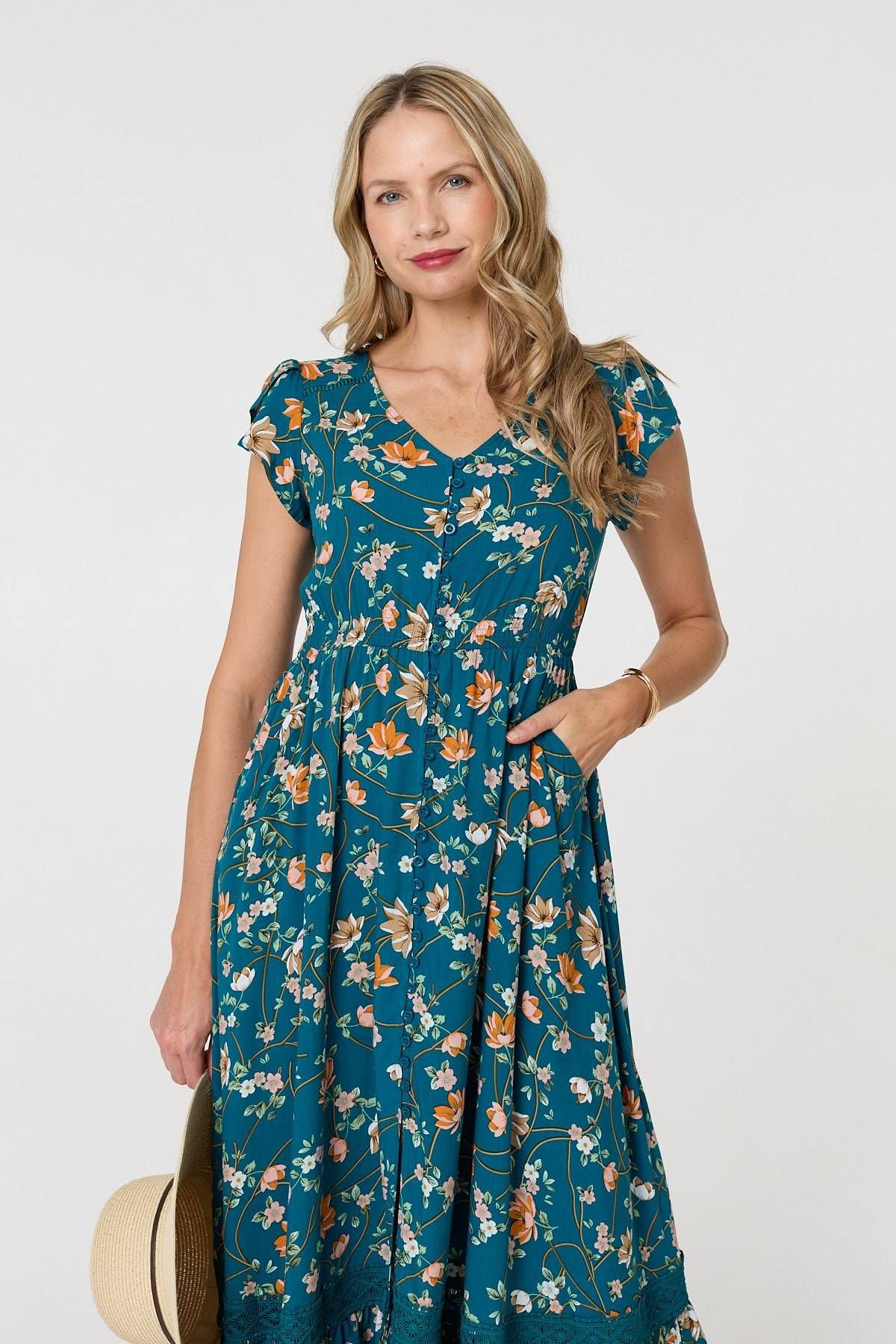 Izabel London Izabel London Women's Floral Cap Sleeve Lace Trim Maxi Dress in Green - 4