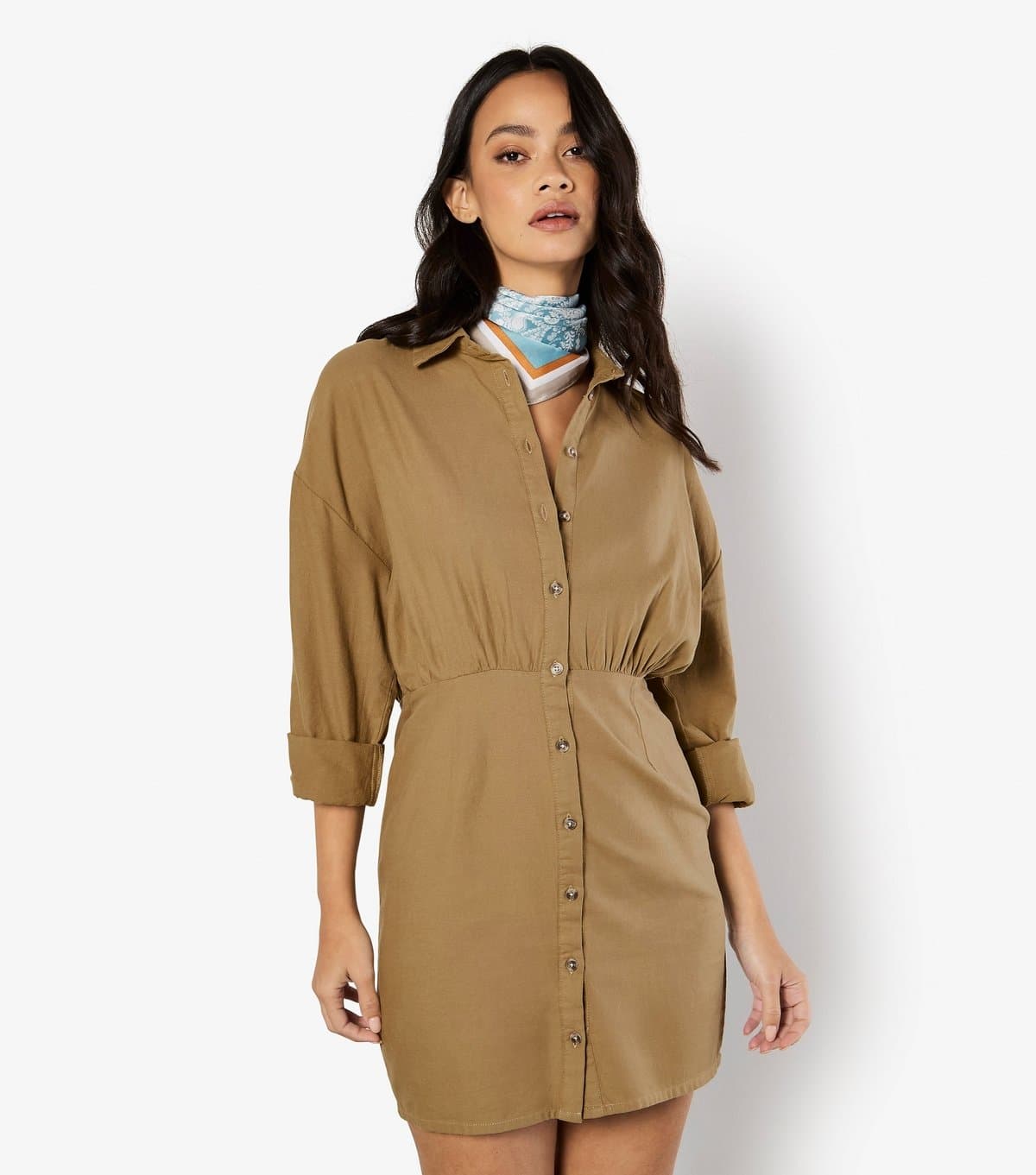 Apricot Apricot Brown Cotton Twill Mini Shirt Dress