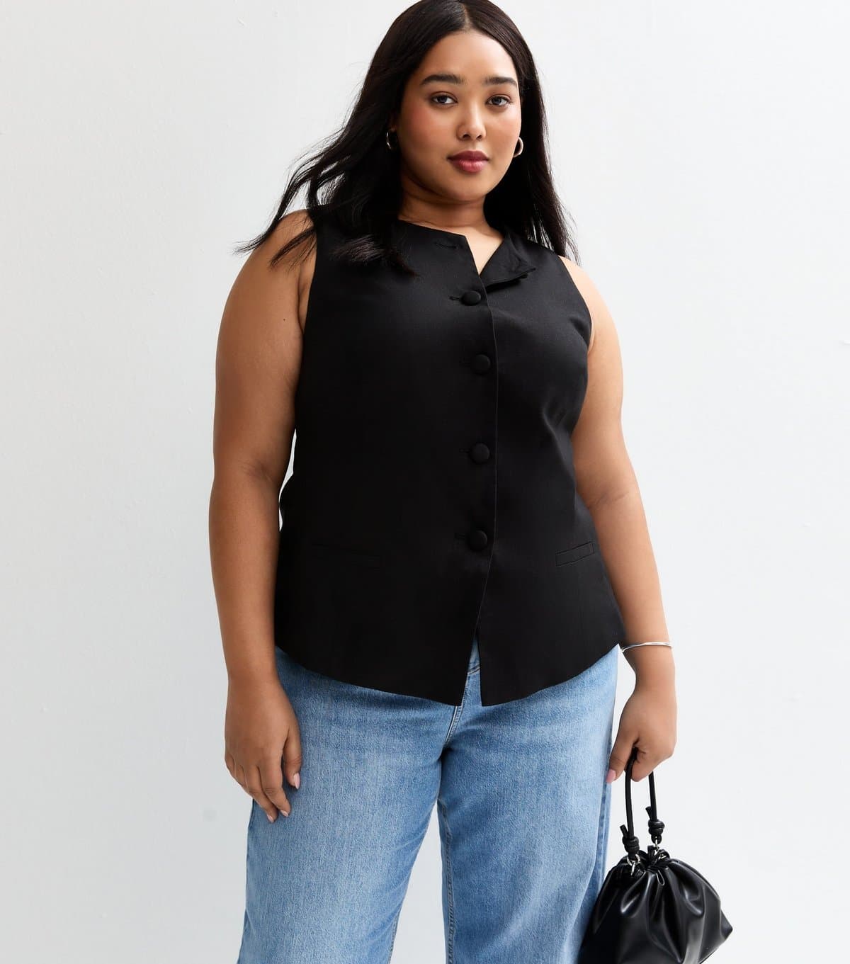 New Look Women's Plus Size Black Linen Blend Crew Neck Waistcoat Curves New Look
