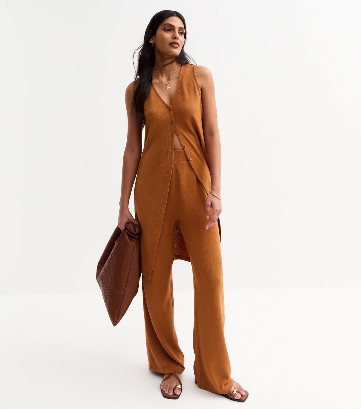 New Look Women's Tan Textured Wide Leg Trousers New Look