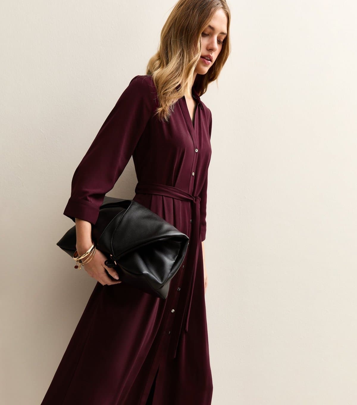 New Look Women's Dark Burgundy Long Sleeve Crepe Midi Shirt Dress New Look