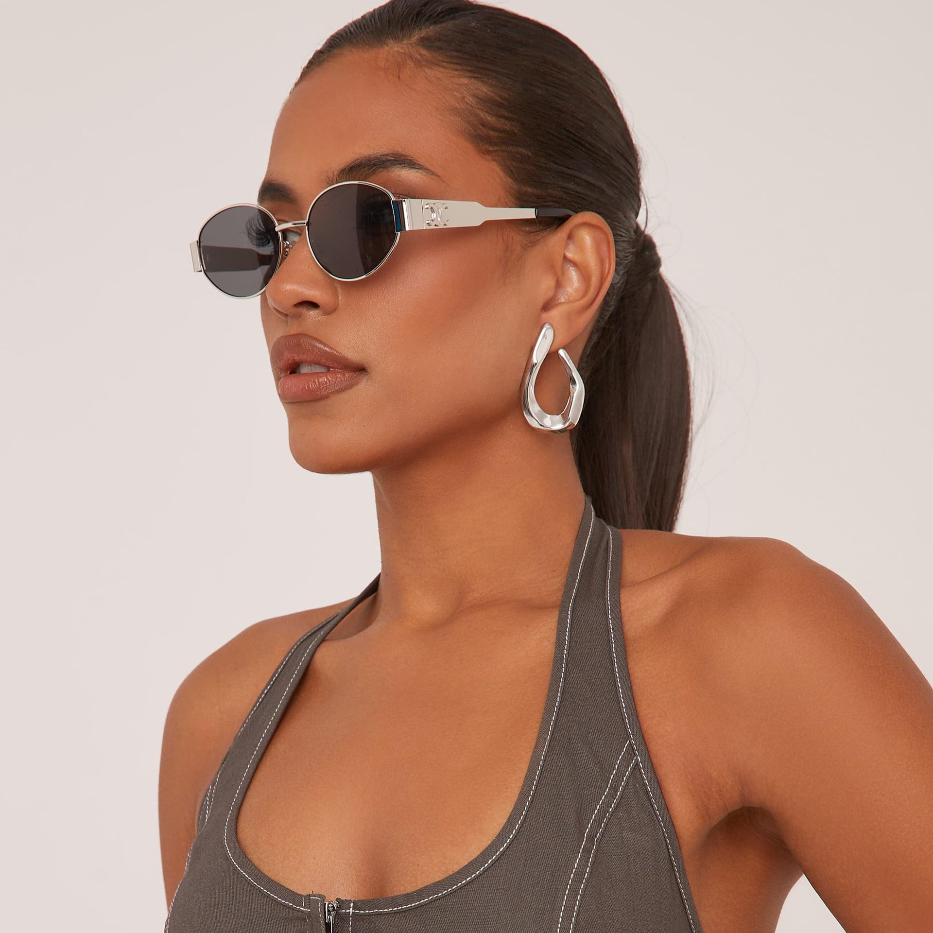 EGO Oval Cateye Shape Side Detail Metal Frame Sunglasses In Silver, Women's Size UK One Size