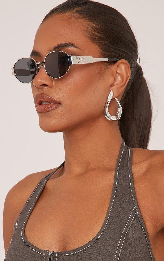 EGO Oval Cateye Shape Side Detail Metal Frame Sunglasses In Silver, Women's Size UK One Size - 2