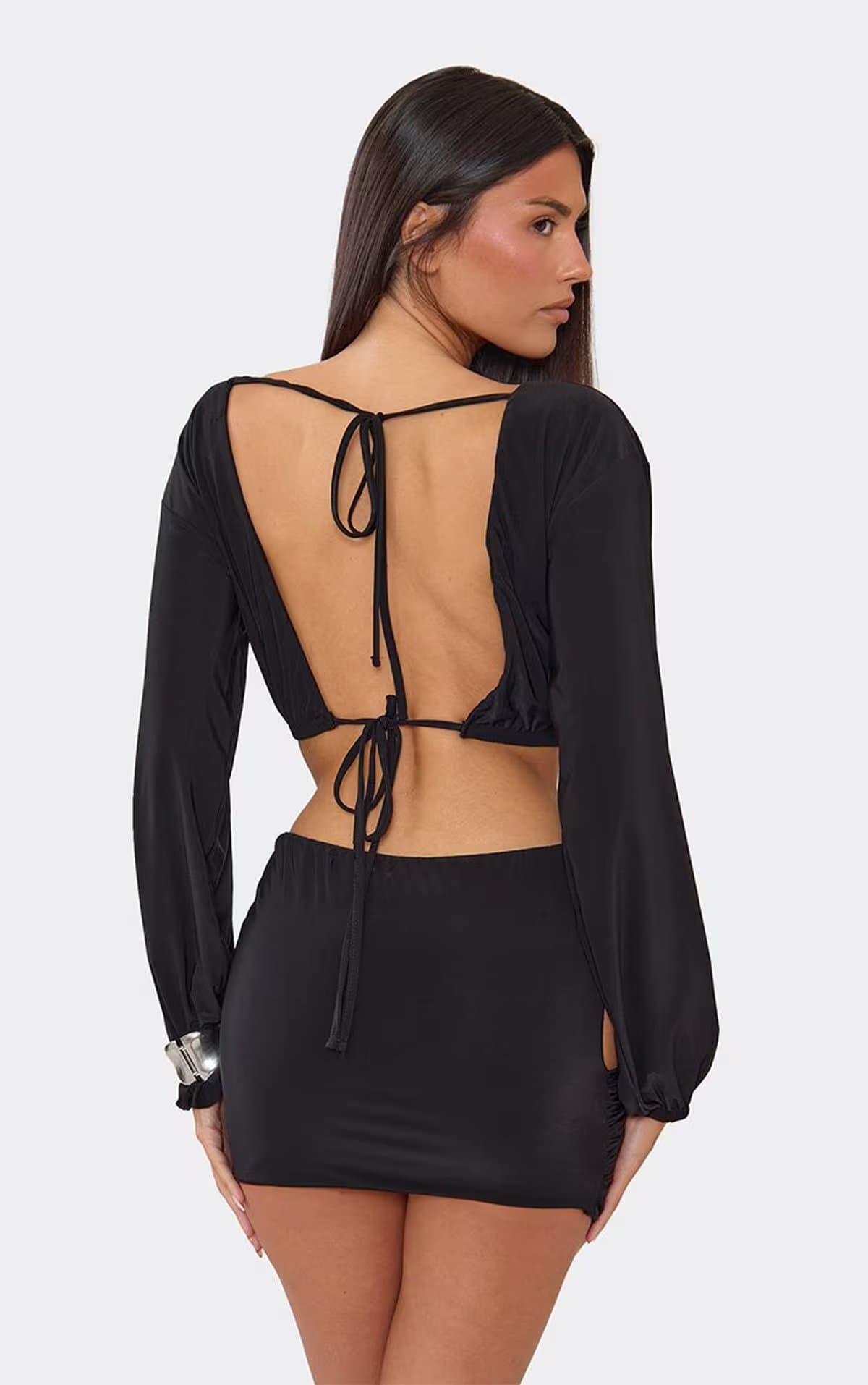 EGO Long Flared Sleeve Crop Top In Black, Women's Size UK 6