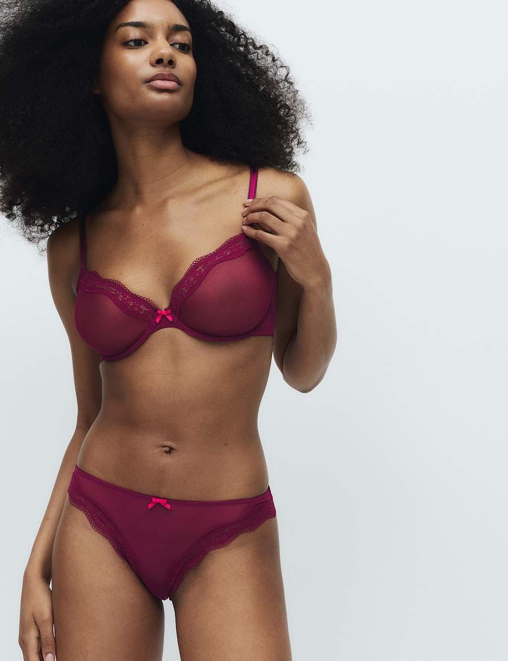 Marks & Spencer M&S Jasmine Lace Sheer Wired Demi Cup Bra A-E Dark Raspberry