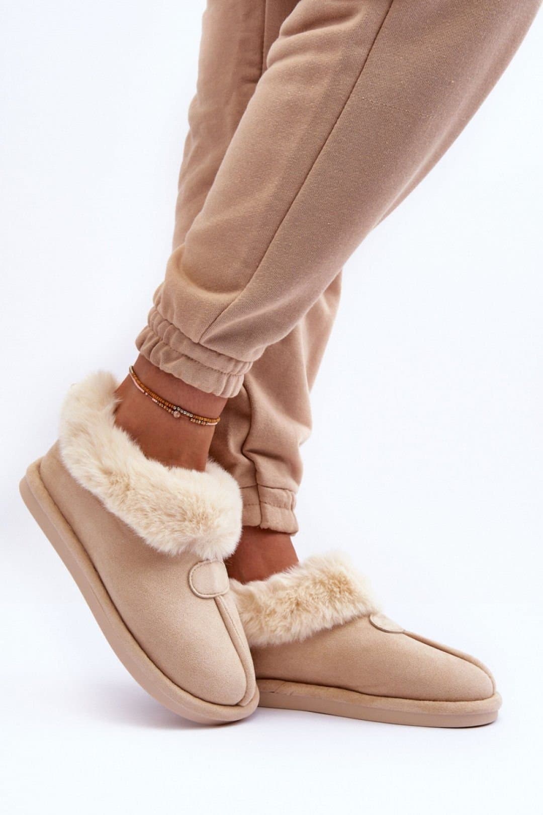 Love Lace Love Lace Women's Slip On Suede Insulated Fur Warm House Slippers Non Slip in Beige
