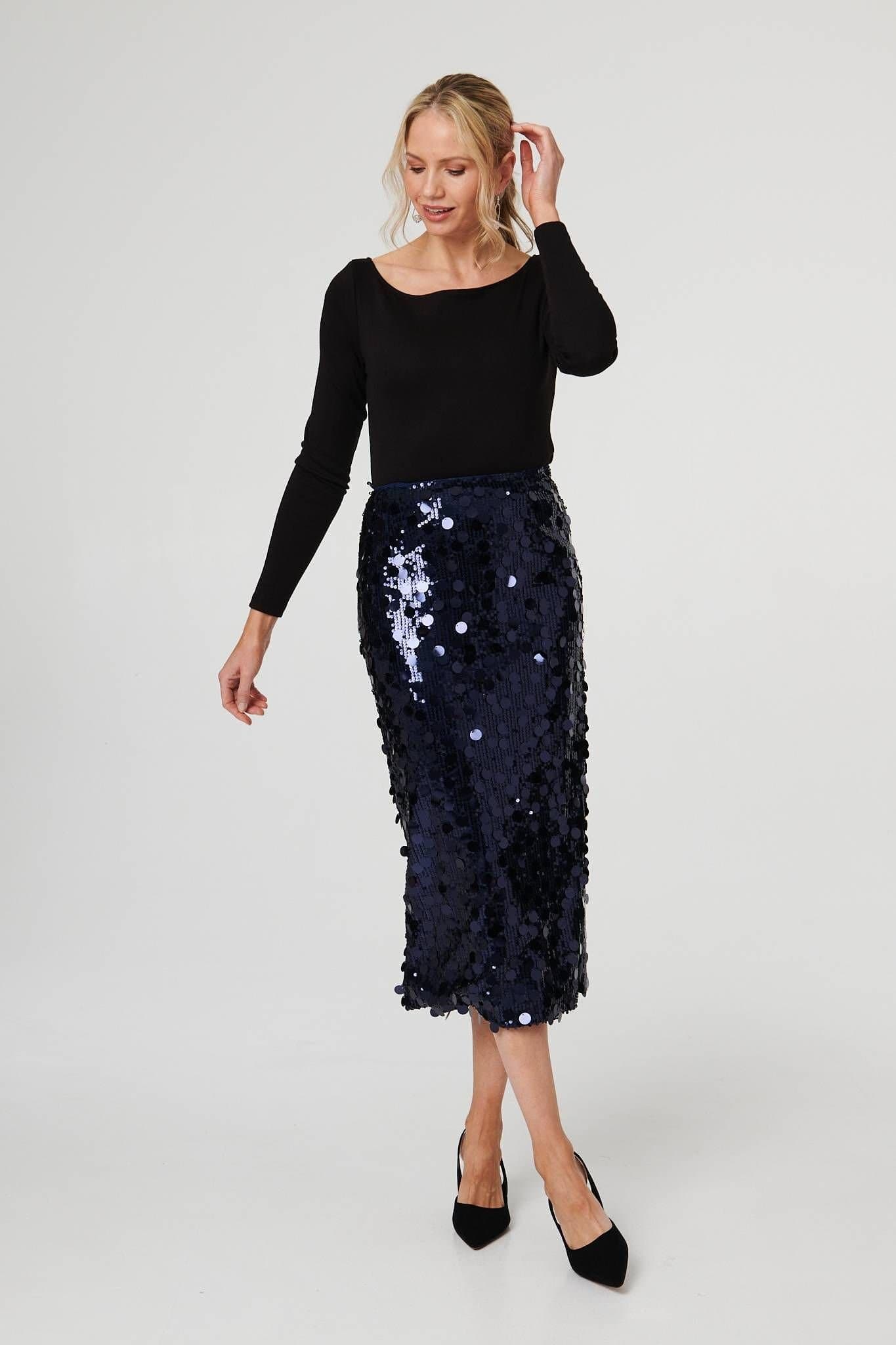 Izabel London Izabel London Dark Navy Sequin Midi Skirt