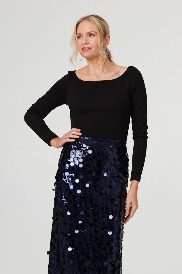 Izabel London Izabel London Women's Sequin Embellished Straight Midi Skirt in Dark Navy - 2