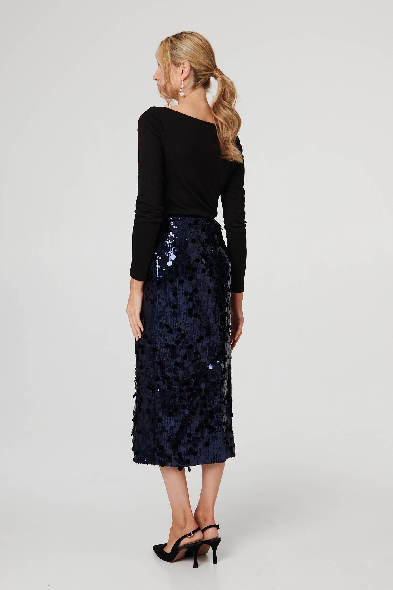 Izabel London Izabel London Women's Sequin Embellished Straight Midi Skirt in Dark Navy - 3