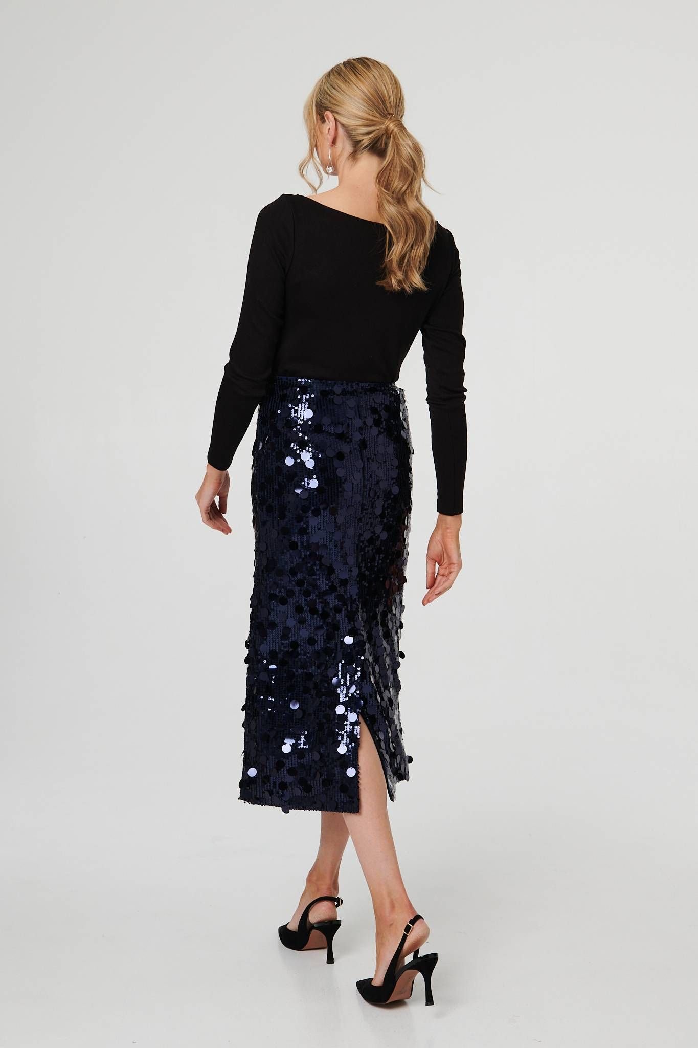 Izabel London Izabel London Women's Sequin Embellished Straight Midi Skirt in Dark Navy - 4