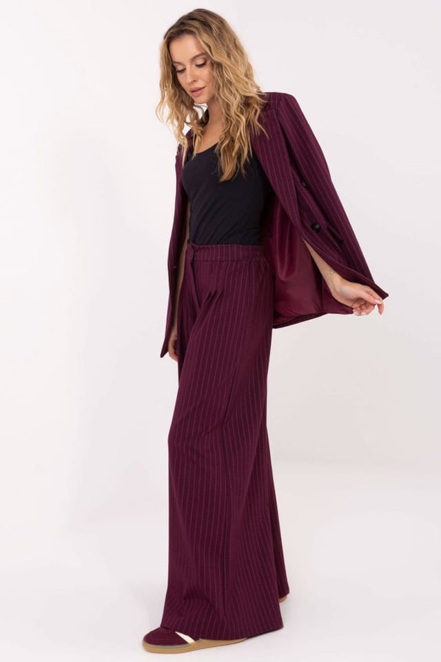 Love Lace Love Lace Women's Striped High Waist Pleated Palazzo Trousers in Burgundy - 2