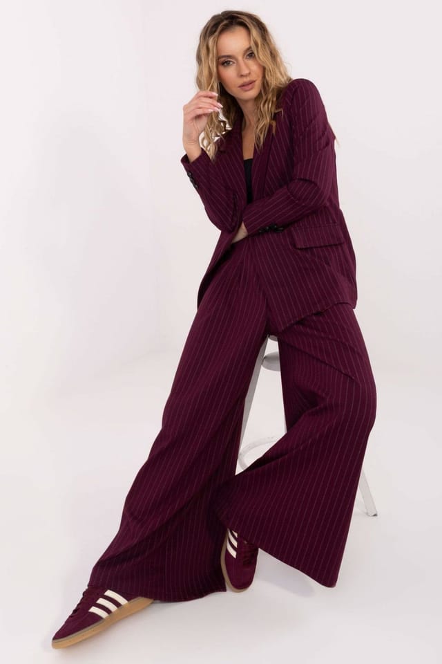Love Lace Love Lace Women's Striped High Waist Pleated Palazzo Trousers in Burgundy - 3