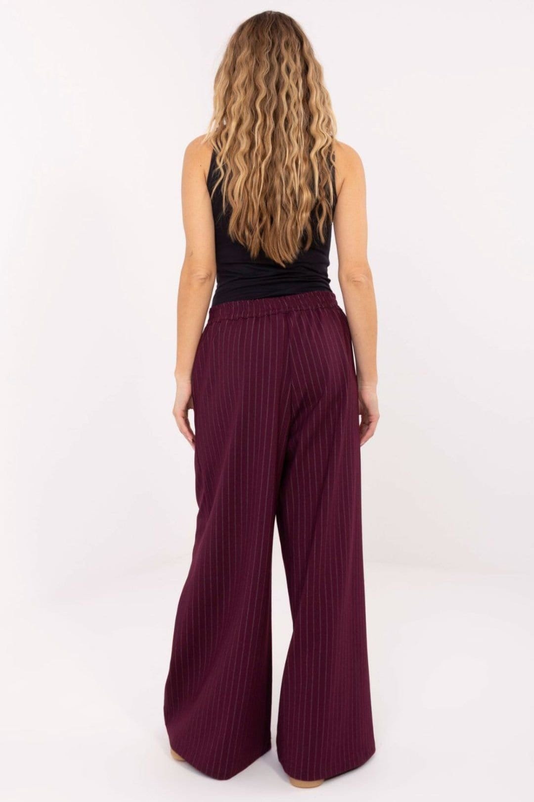 Love Lace Love Lace Women's Striped High Waist Pleated Palazzo Trousers in Burgundy - 4