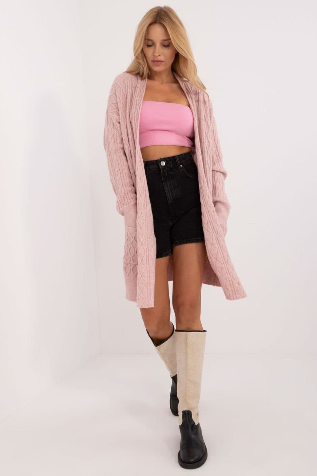 Love Lace Love Lace Pink Long Open Front Cardigan with Slip Pockets