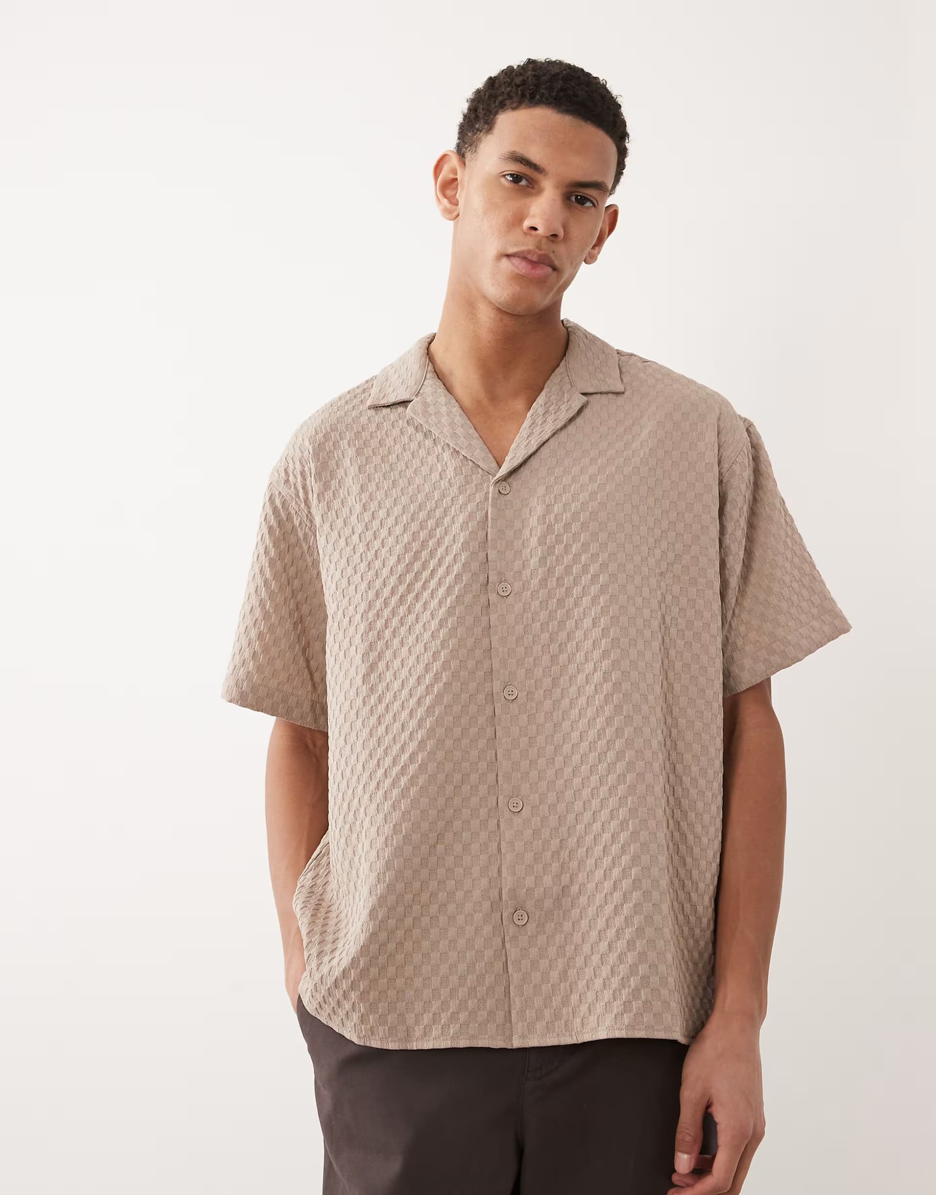 ASOS Jack & Jones waffle short sleeve shirt in beige