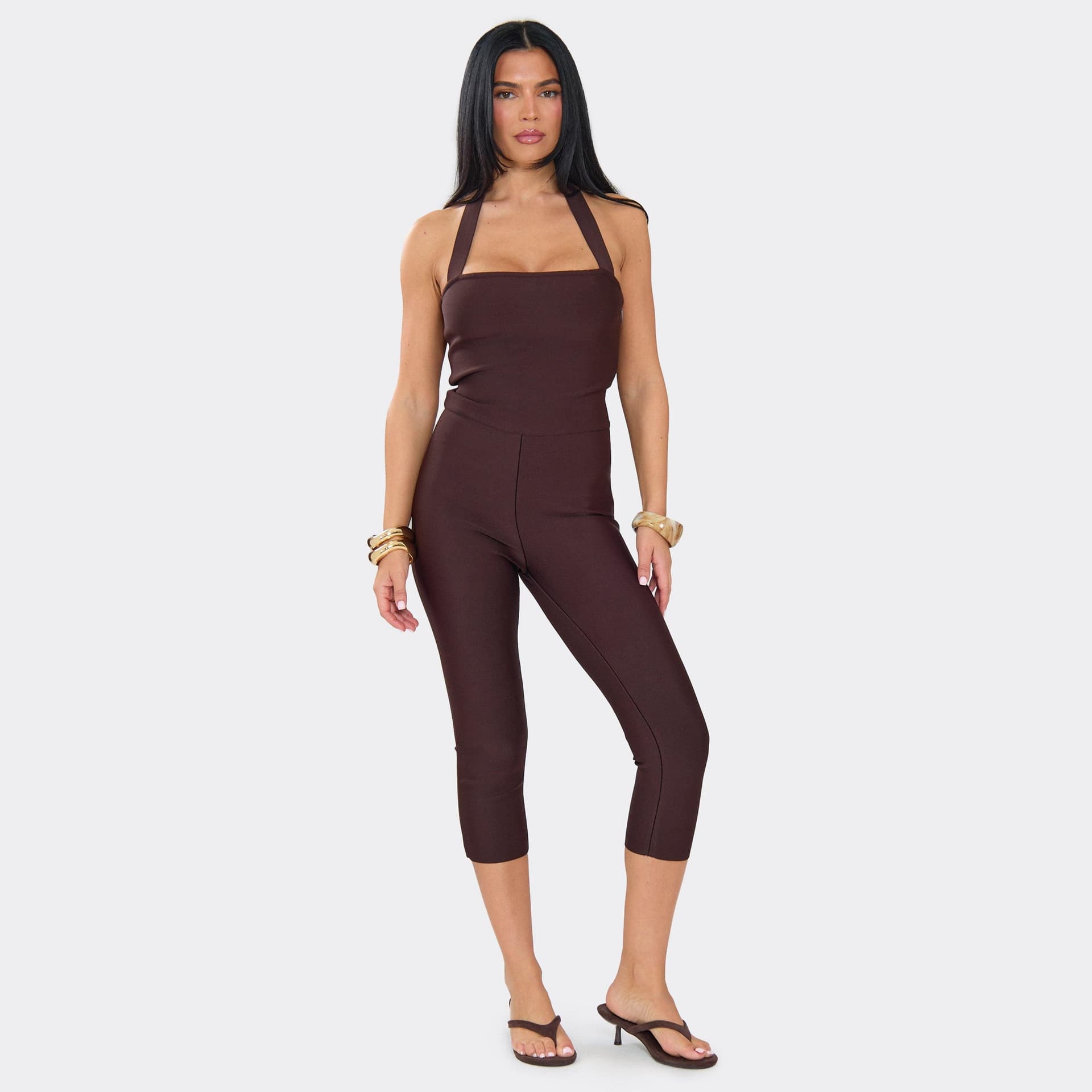 EGO Halterneck Capri Jumpsuit In Chocolate Bandage, Women's Size UK 6