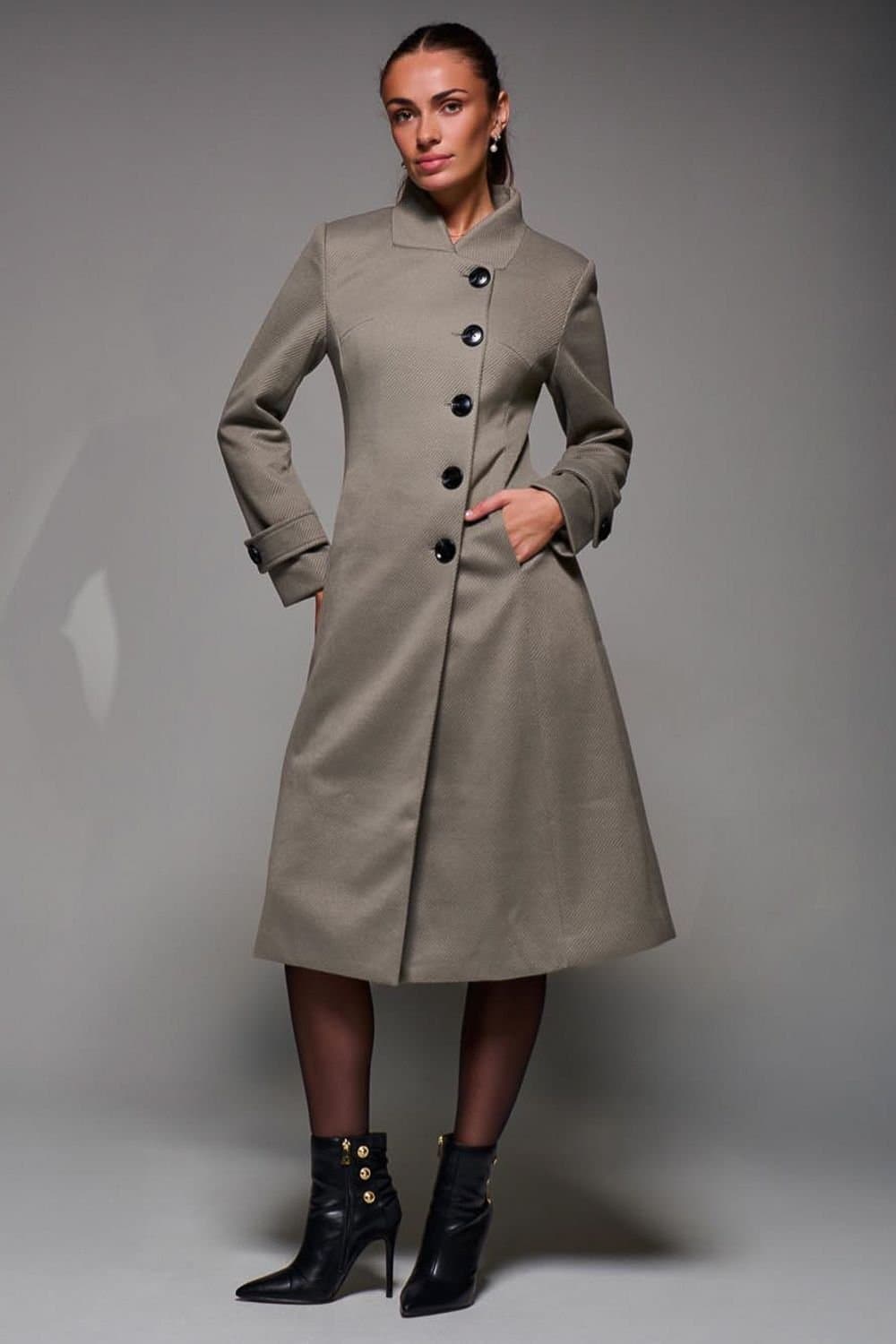 Jolie Moi Jolie Moi Women's Asymmetric Button Detail Fit & Flare Coat in Light Khaki