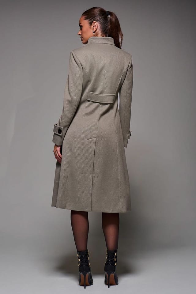 Jolie Moi Jolie Moi Women's Asymmetric Button Detail Fit & Flare Coat in Light Khaki - 2