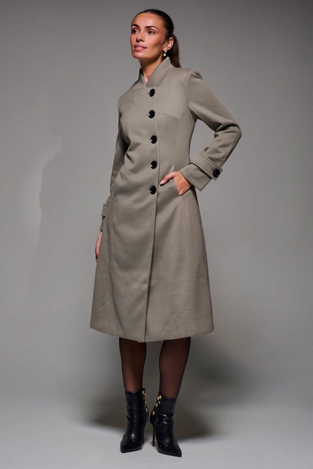 Jolie Moi Jolie Moi Women's Asymmetric Button Detail Fit & Flare Coat in Light Khaki - 4