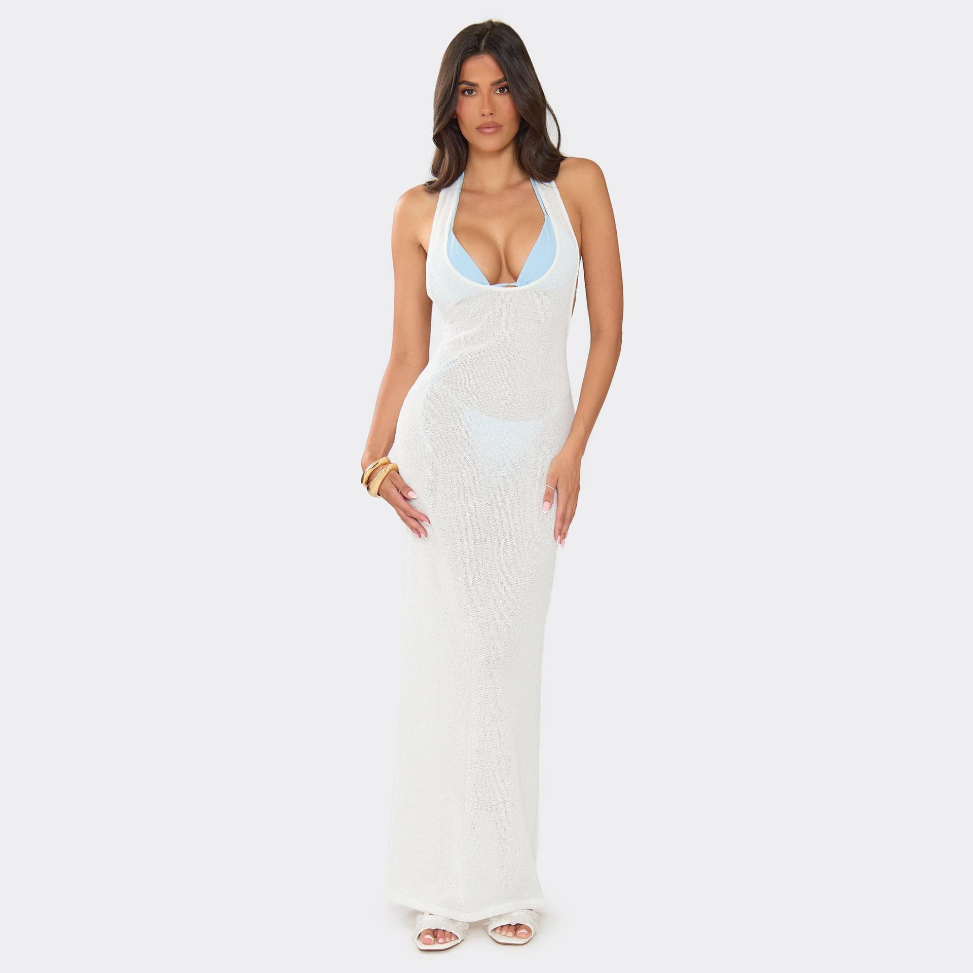 EGO Sleeveless Scoop Neck Cut Out Back Knitted Beach Maxi Dress In White, Women's Size UK 6
