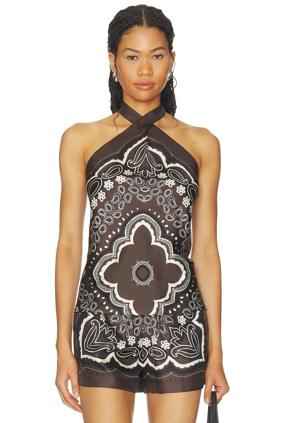 revolve Revolve Brown & Ivory Bandana Print Silk Halterneck Top