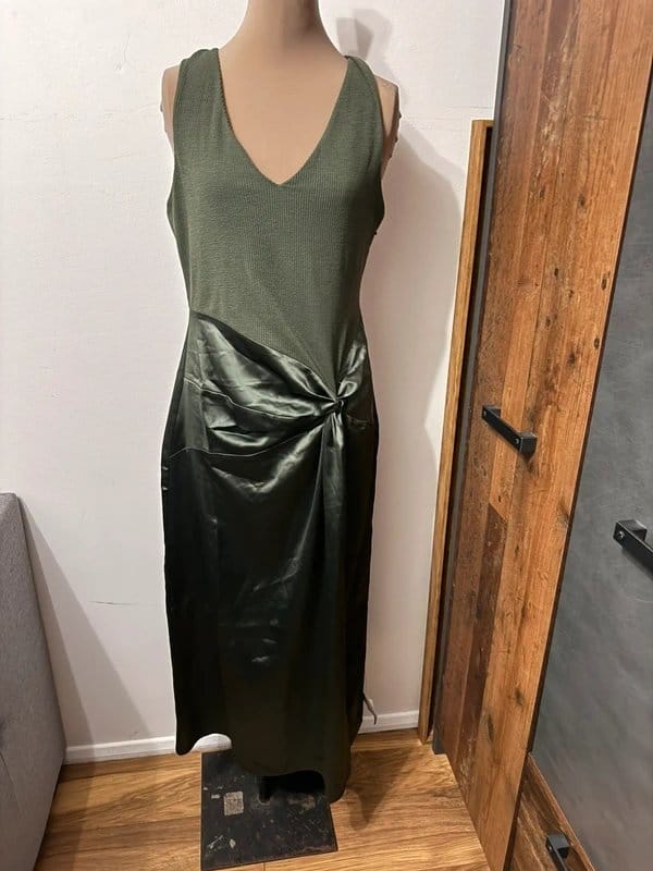 ASOS Design dark green satin silky ribbed knot twist strap sarong midi dress size M fabric mix texture - 1