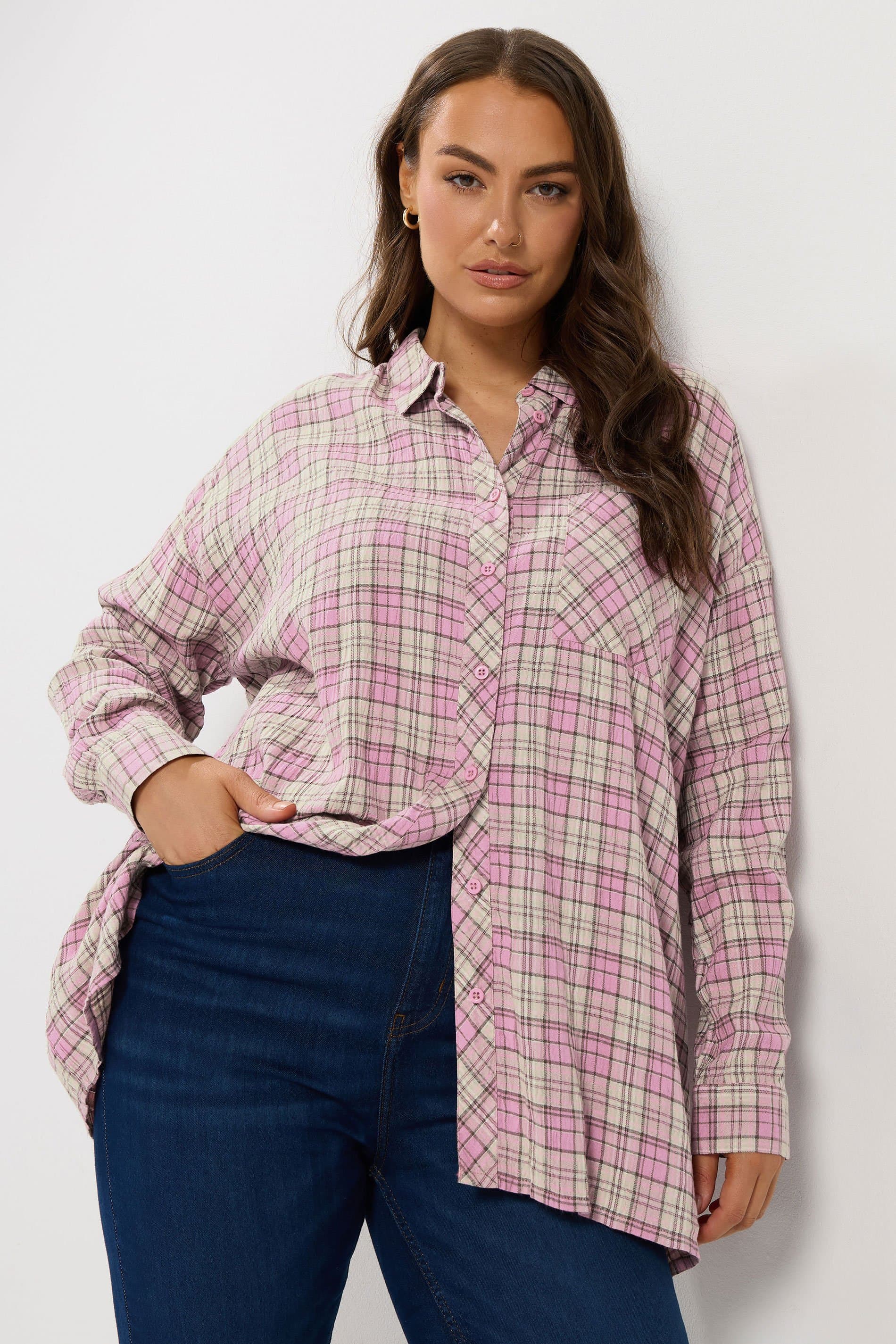 Yours Plus Size Pink Check Cotton Button Through Shirt