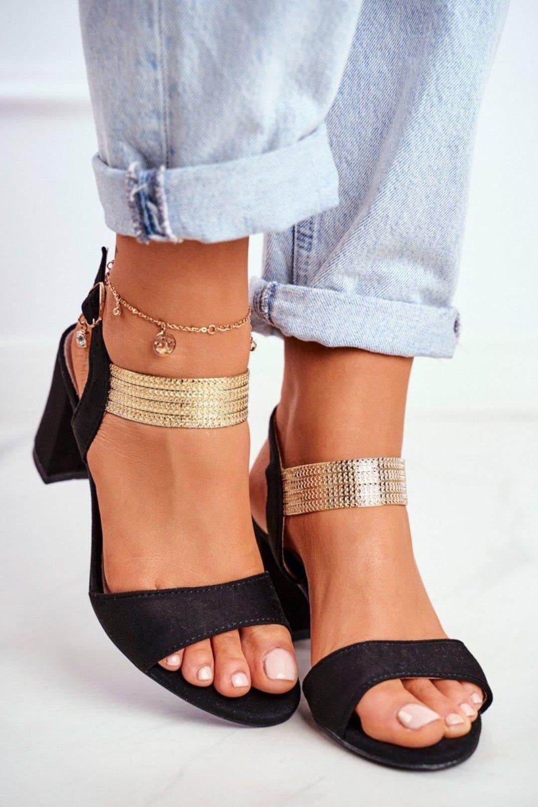 Love Lace Love Lace Black Suede Heel Sandals With Zirconia Strap