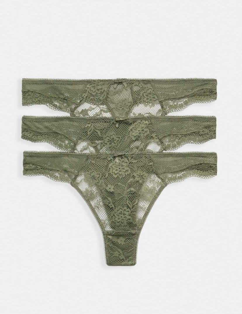 Marks & Spencer M&S 3pk Jasmine Lace Thongs Khaki - 1