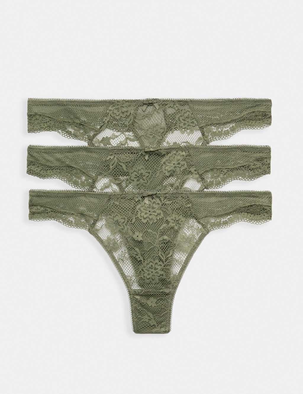 Marks & Spencer M&S 3pk Jasmine Lace Thongs Khaki - 1