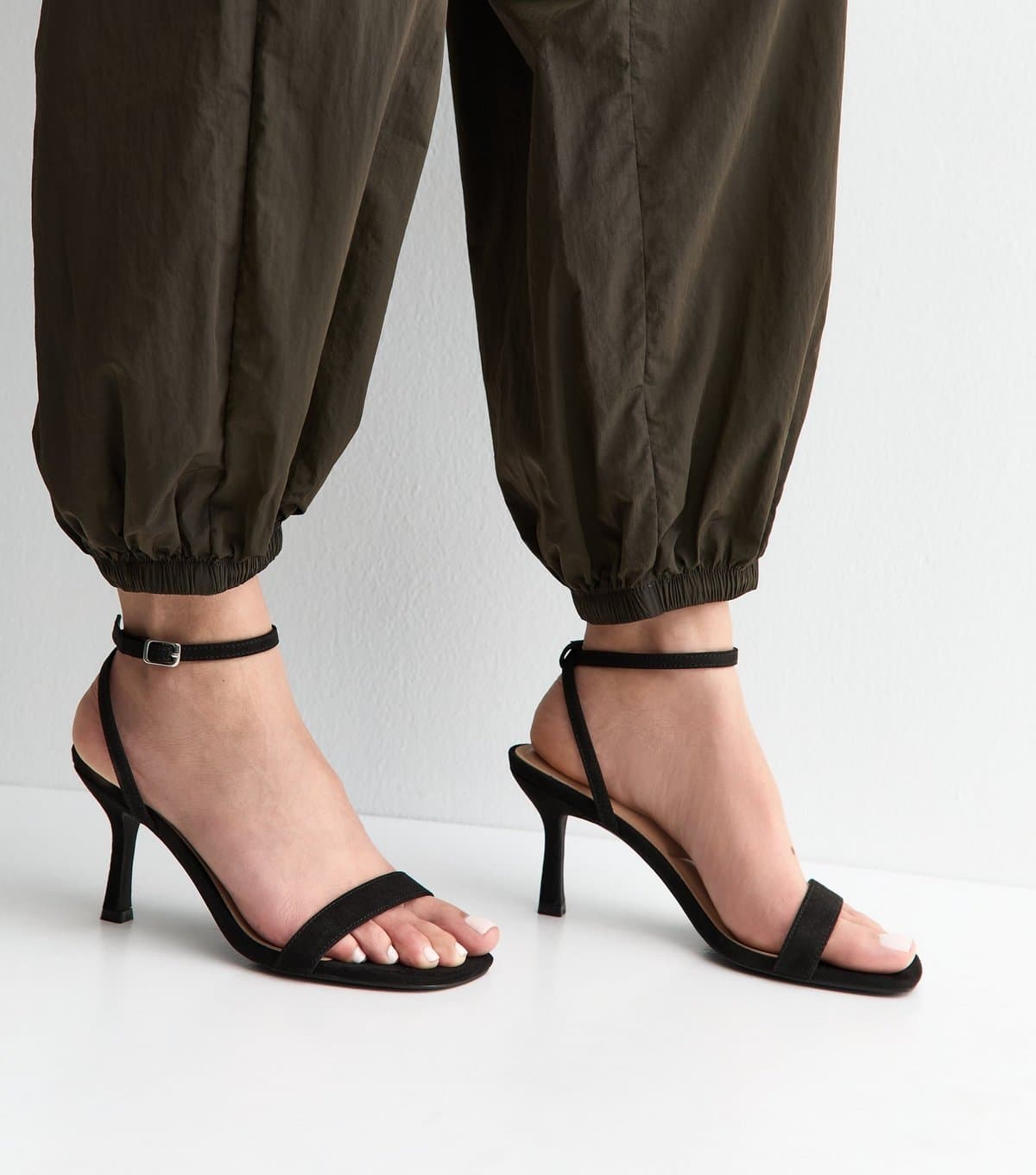 New Look Women's Wide Fit Black Faux Suede Front Strap Stiletto Sandals Vegan New Look