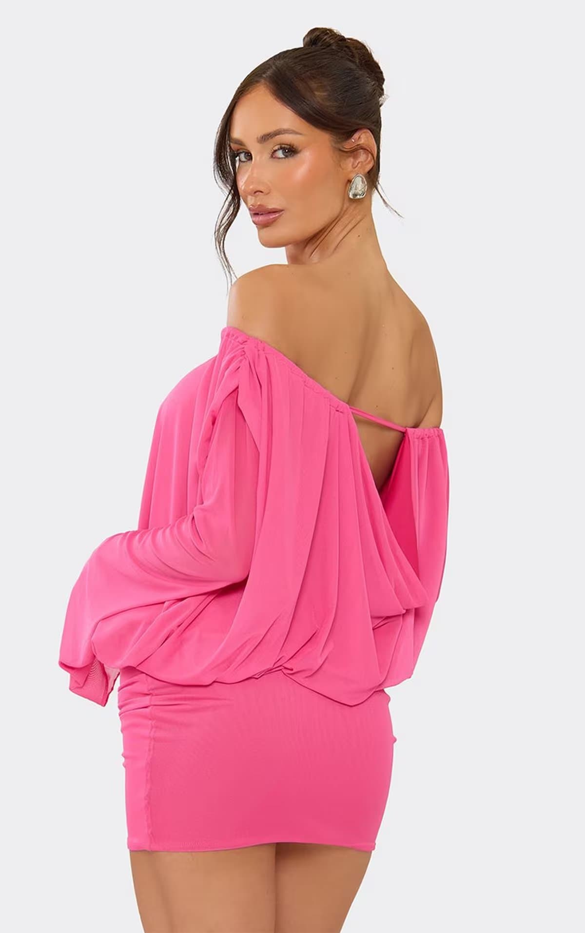 EGO Long Sleeve Asymmetric Neckline Tie Front Draped Blouson Dress In Hot Pink, Women's Size UK 6