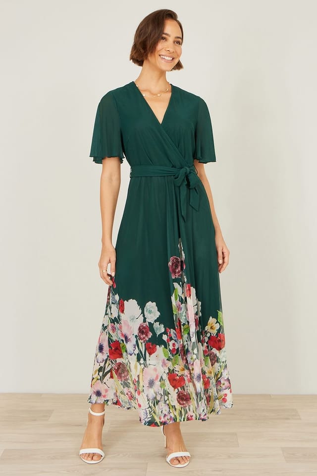 Yumi Yumi Women's Green Mesh Wrap Midi Dress With Floral Hem Border - 2