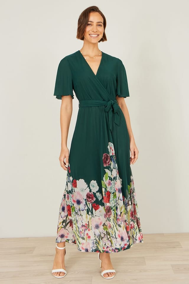 Yumi Yumi Women's Green Mesh Wrap Midi Dress With Floral Hem Border - 3