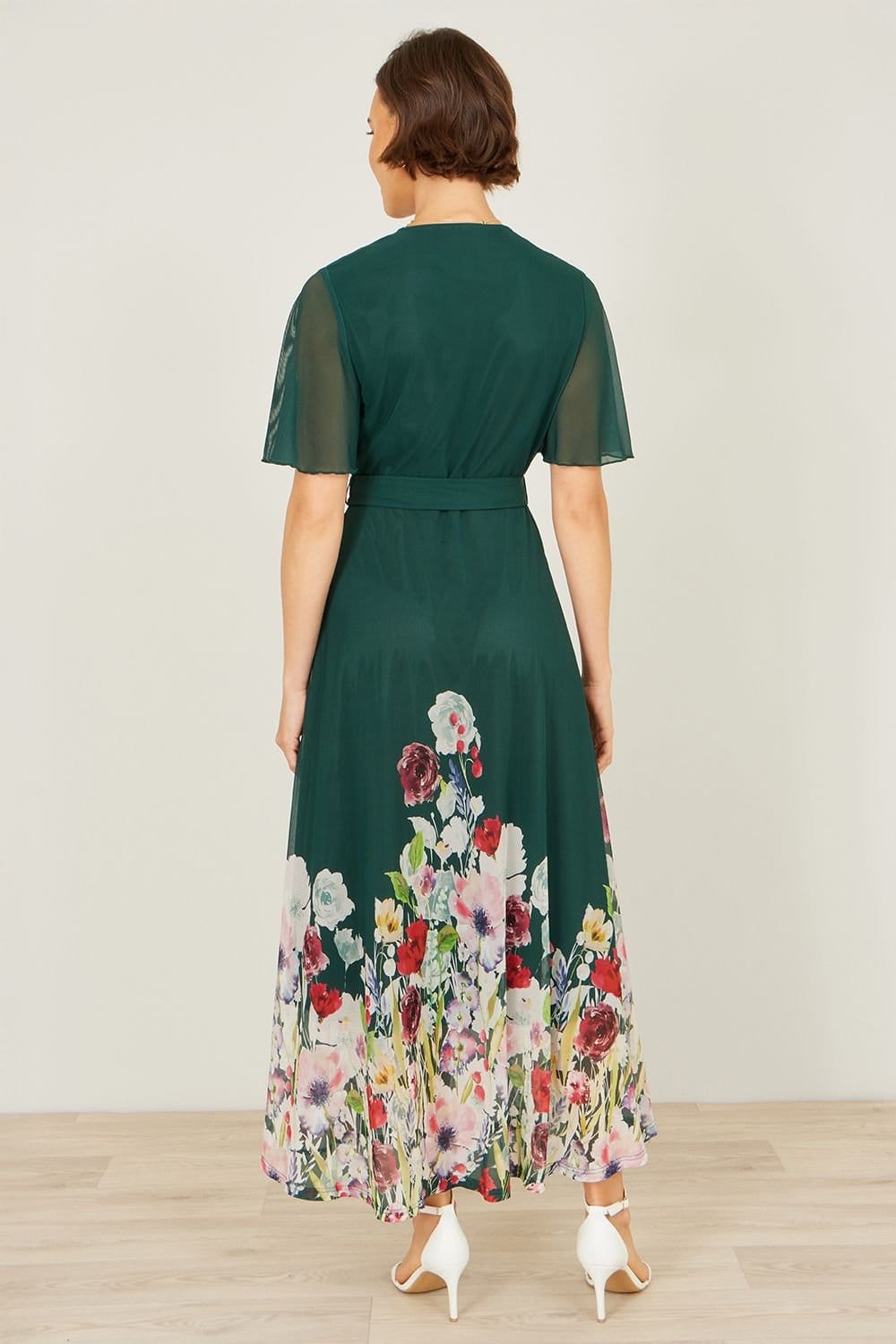 Yumi Yumi Women's Green Mesh Wrap Midi Dress With Floral Hem Border - 4