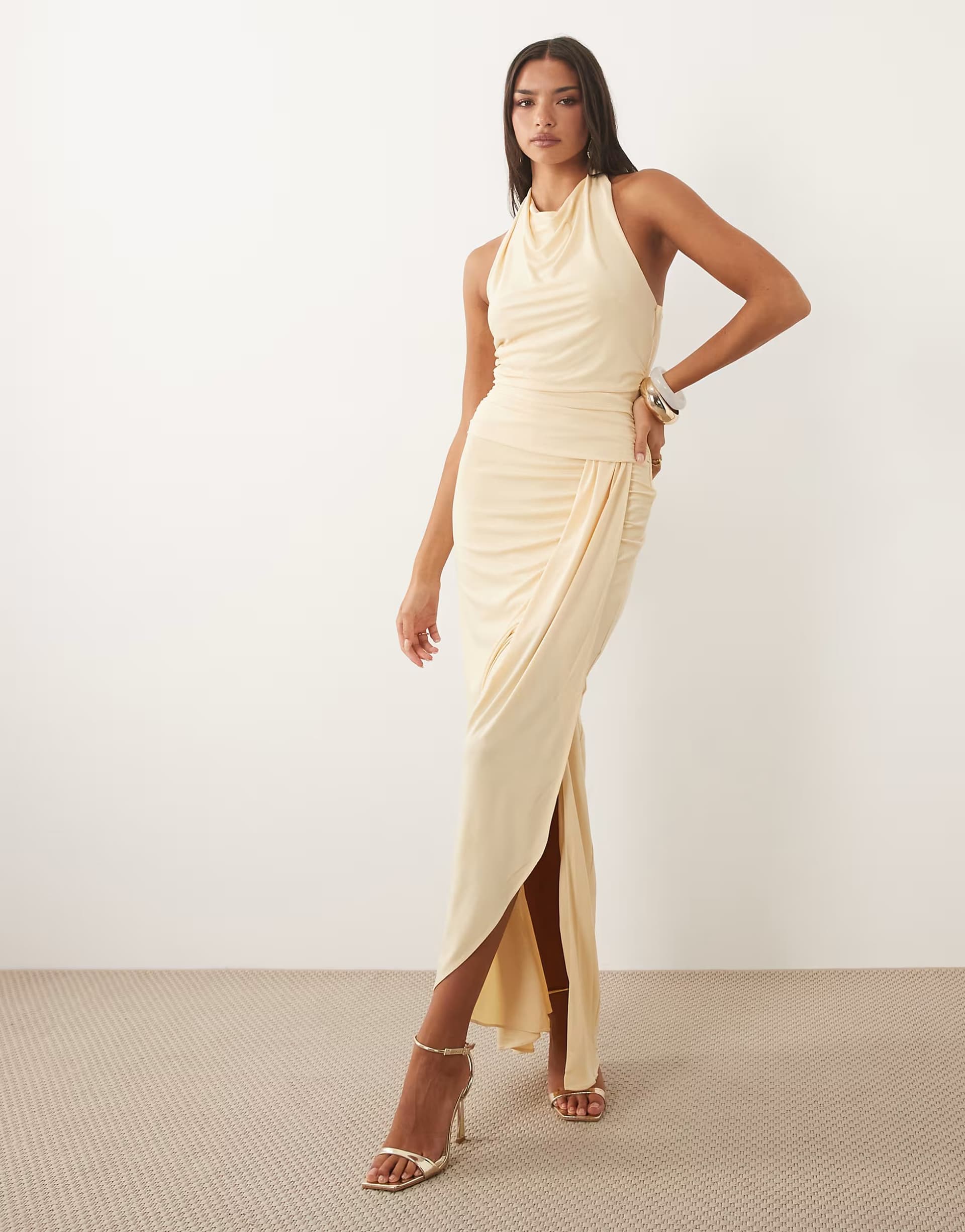 ASOS TFNC slinky cowl neck ruched backless ruched detail maxi dress in cream