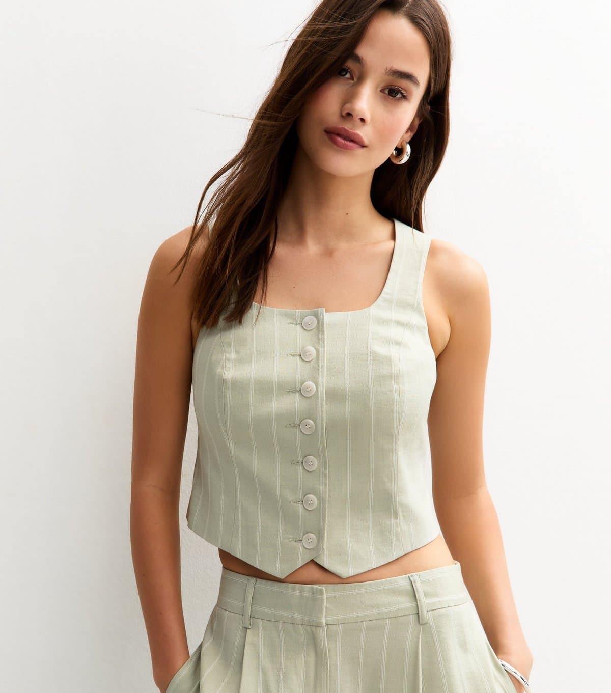New Look Women's Green Striped Button Front Scoop Neck Waistcoat New Look